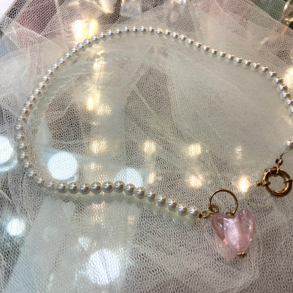 Y2k Style Pearl Choker Pink Crystal Resin Pendant Accesory Women Necklace - Picture 4 of 6